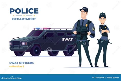 Cartoon Swat Officers Man And Woman Team In Armor Safety Officers With