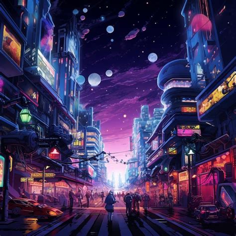 Premium Ai Image Futuristic City Street Scene With People Walking On