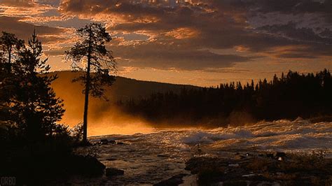 The Sun Is Setting Over A River With Trees In It And Water Splashing On