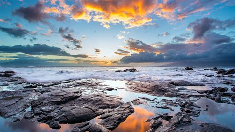 Clouds Stones Water Waves Coast Sunset Wallpaper 107972