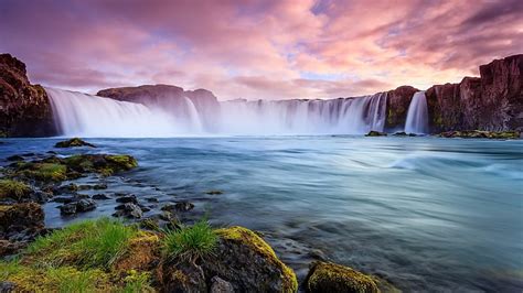 Icelandic Waterfall Clouds Sky Cascades Cliff Sunset River Hd