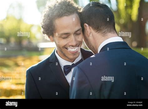 Newlywed Gay Couple Embracing Outdoors Stock Photo Alamy