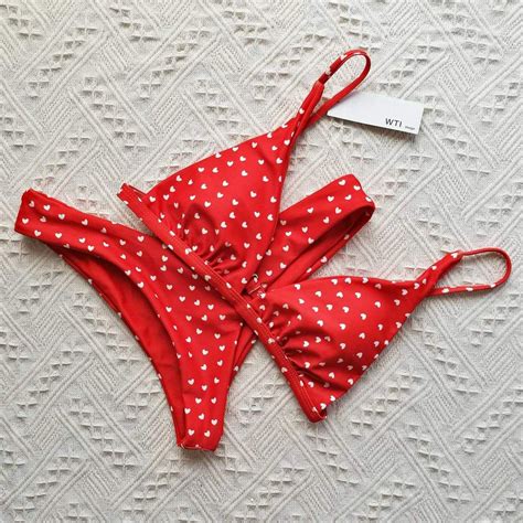 Heart Print Triangle Bikini Set Red Cute Bathing Suits Bikinis Hot Sex Picture