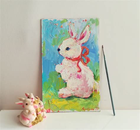 Easter Bunny Wall Art Bunny Painting Oil On Canvas Bunny Wall Etsy In