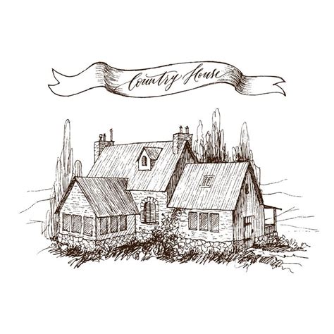 Rural Landscape With Old Farmhouse And Garden Hand Drawn Illustration