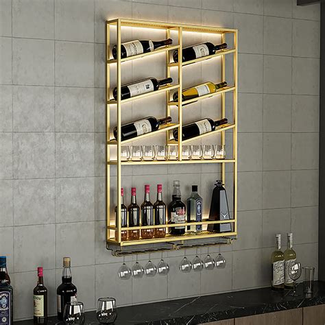 Industrial Wall Mounted Wine Rack With Bottle Rack Gold Kitchen