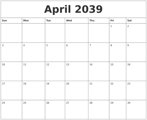 April 2039 Blank Monthly Calendar Template