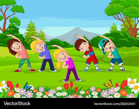 Cartoon Little Kids Exercising In Park Royalty Free Vector