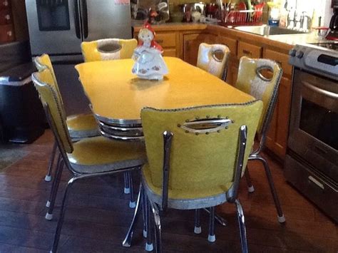 You can use a round patio table and matching chairs. Vintage Yellow Chrome And Formica Spartan Table And 6 ...