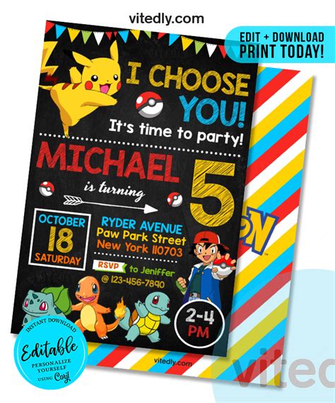 Editable Pokemon Invitation Editable Pokemon Birthday Invitation