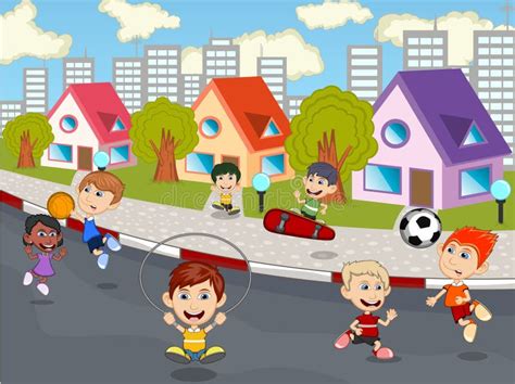 Children Playing On The Street Cartoon Stock Vector Illustration Of