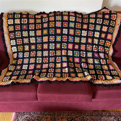 Vtg Large Granny Square Black Afghan Crochet Throw Blanket Roseanne