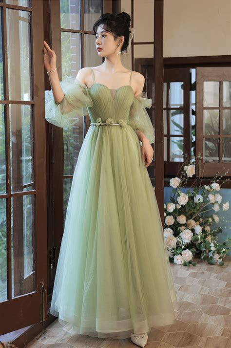 Green Tulle Long A Line Prom Dress Green Evening Dress · Little Cute