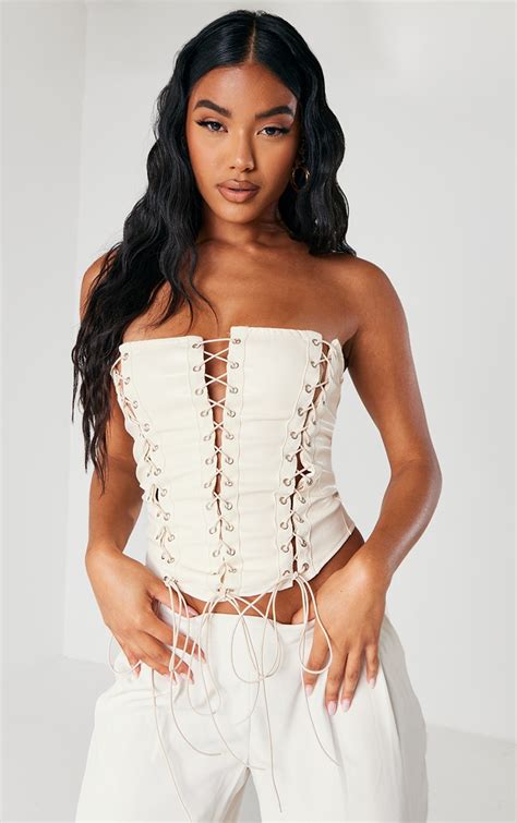 Cream Faux Leather Multi Lace Up Corset Prettylittlething Aus