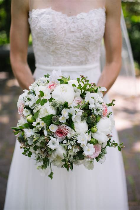 White Blush And Green June Bridal Bouquet With A Classic Rounded Shape