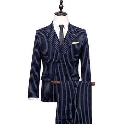 Oscn7 Double Breasted Peak Lapel Stripe Tailor Made Suits Men 3 Piece