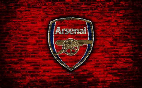 Download wallpapers Arsenal FC, logo, red brick wall, Premier League 