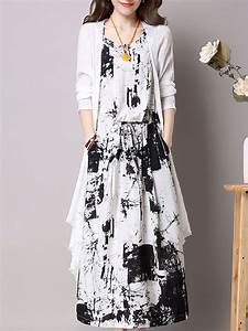Black Printed Two Piece Abstract 3 4 Sleeve Casual Dress Maxi Dress