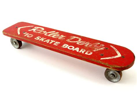 Vintage Roller Derby Wood Skate Board In Red With Steel Wheels C1950s