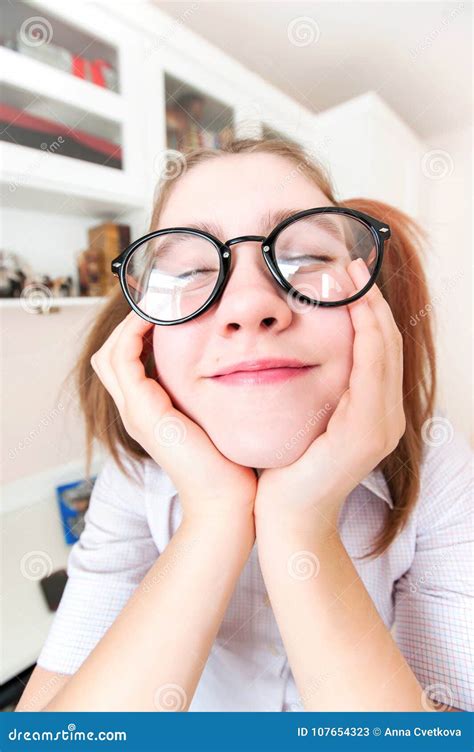 Funny Nerdy Girl With Ponytails In Eyeglasses Dreaming About Holidays Stock Image Image Of