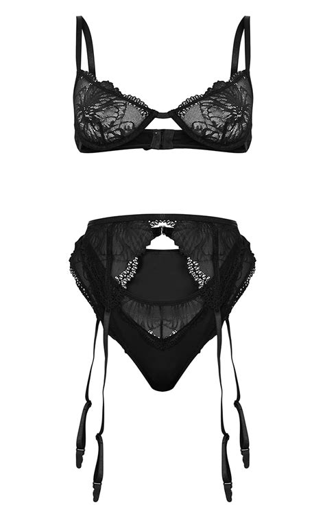 Black Underwired Floral Lace 3 Piece Lingerie Set Prettylittlething