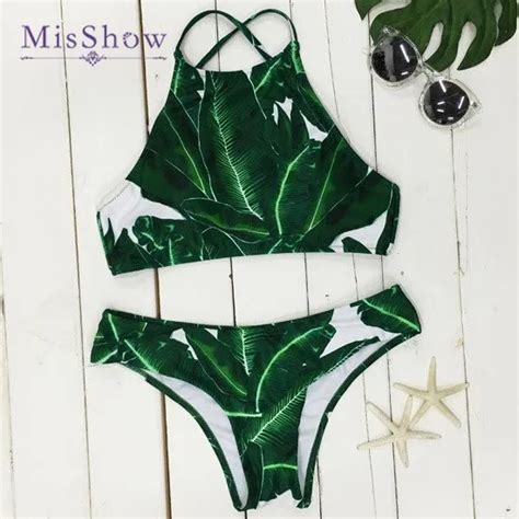 MisShow High Neck Bikini Set Women Swimsuit Swimwear Brazilian Bikinis Green Leaf Halter