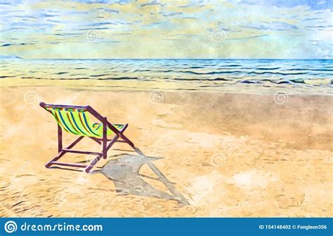 Painting Landscape Beautiful Beach Chairs On The Sandy Beach Near The