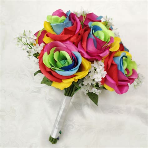 Silk Rainbow Roses Artificial Flowers Wedding Bouquet Etsy