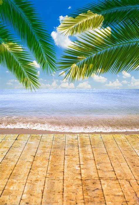 Laeacco Sea Backdrops Tropical Palm Tree Wooden Board Cloudy Blue Sky