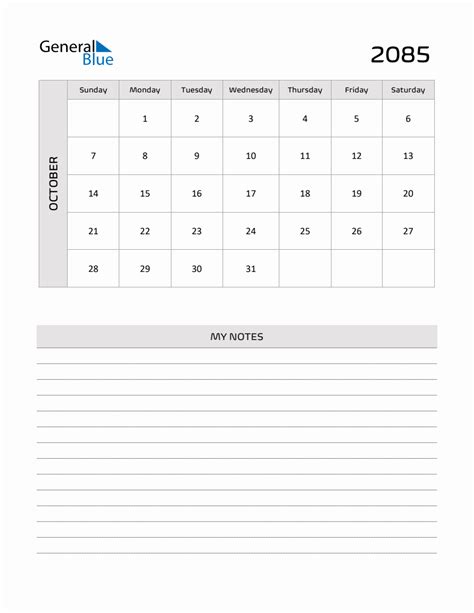 October 2085 Printable Monthly Calendar With Notes