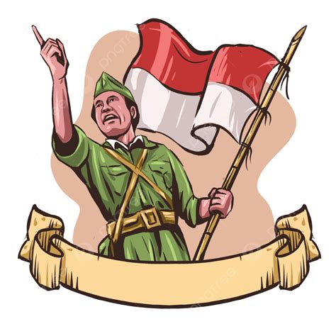 Bung Tomo Illustration Carrying The Red And White Flag Commemorating