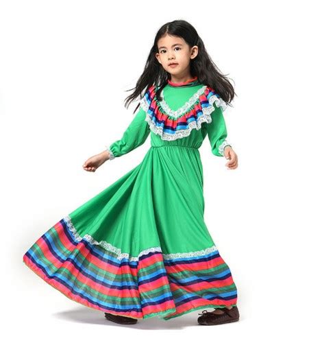 Girls Traditional Mexican Folk Dance Dress Big Swing Skirt