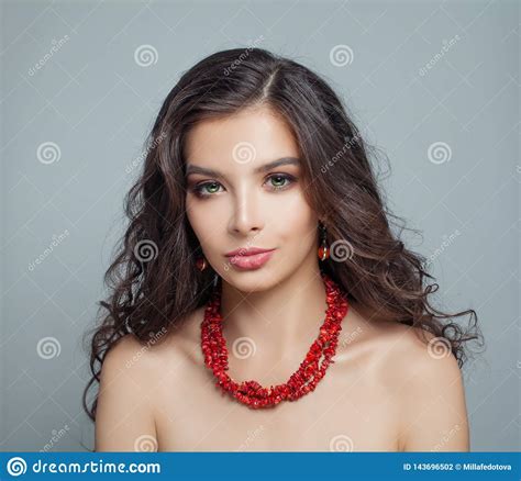 Perfect Brunette Model Woman With Makeup Long Curly Hair