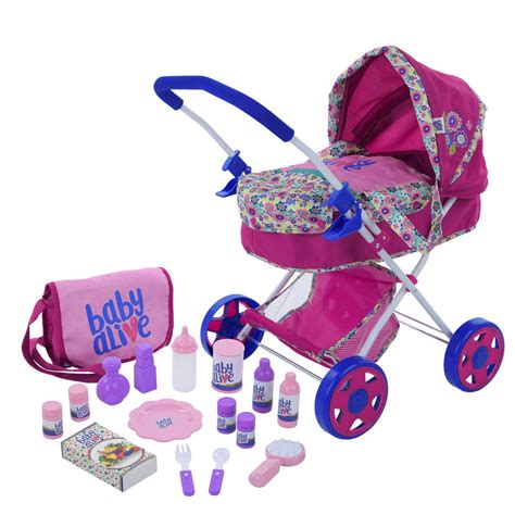 Baby Alive Doll Pram 17 Piece Play Set Matching Diaper Bag Feeding