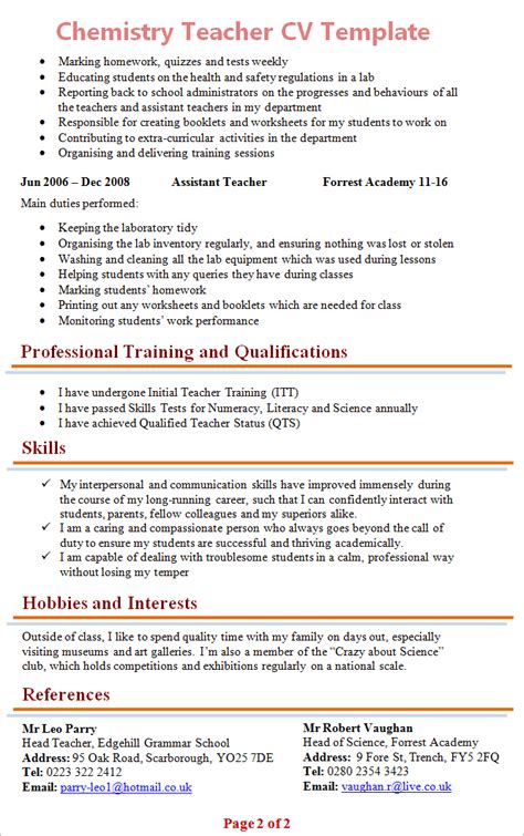 › professional teacher resume template. chemistry-teacher-cv-template-2