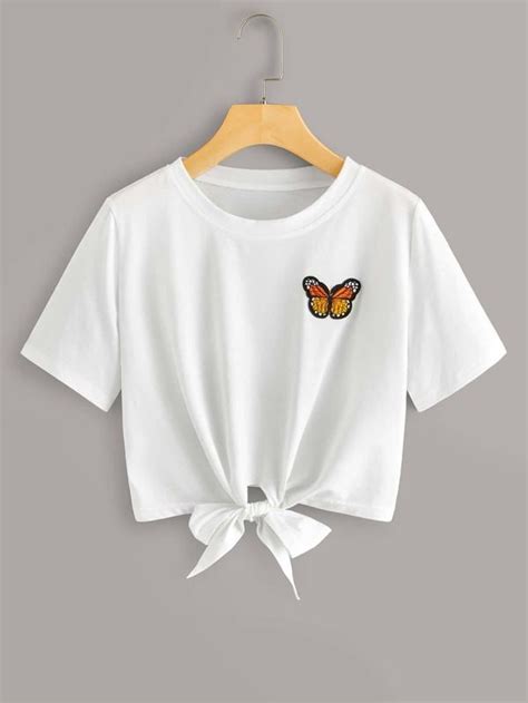 Butterfly Embroidery Knot Hem Crop Top In 2020 Top Shirt Fashionable