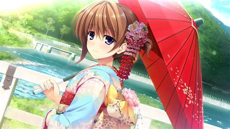 Wallpaper Japan Anime Umbrella Kimono Clothing Girl Costume