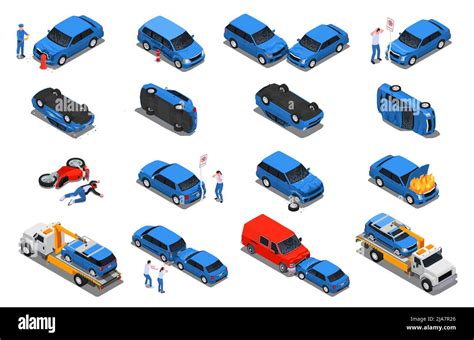 Road Traffic Accidents Isometric Set 2 Vehicles Collision Injured