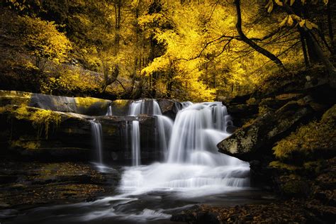 River Waterfall Cascade Stream Autumn Forest Wallpaper