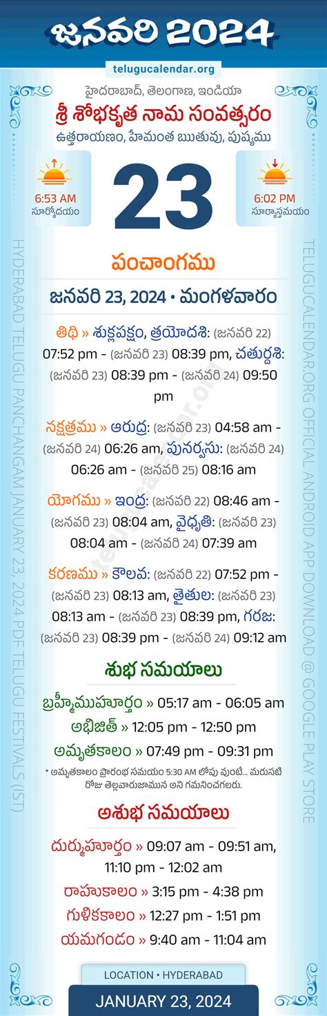 January 23 2024 Telugu Calendar Panchangam Telangana
