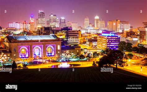 Kansas City Missouri Cityscape Skyline As Night Falls Over Downtown