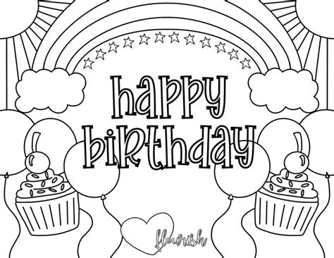 Simple happy birthday coloring page: happy birthday coloring page sunshine rainbows cupcakes