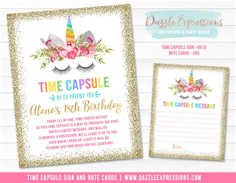 Printable 1st Birthday Time Capsule Sign And Note Cards Unicorn Face