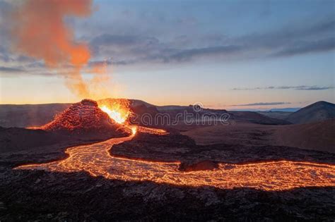 Aerial View Of Lava Pouring Out Of An Erupting Volcano In Iceland Stock