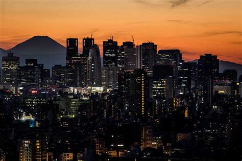 Mount Fuji Sunset Over Shinjuku District Tokyo Japan Travel