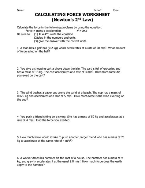 Free pdf worksheets from k5 learning. CALCULATING FORCE WORKSHEET (Newton's 2 Law)