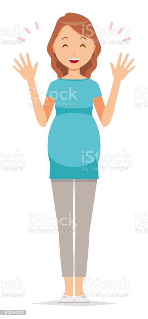 A Pregnant Woman Wearing Green Clothes Is Spreading Her Hands Stock