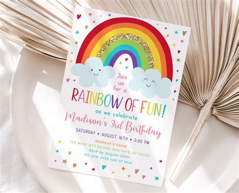 Invitations Paper And Party Supplies Blue Rainbow Instant Editable Digital Download Rainbow
