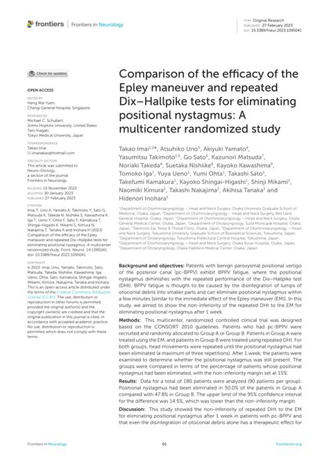 Pdf Comparison Of The Efficacy Of The Epley Maneuver And Repeated Dix