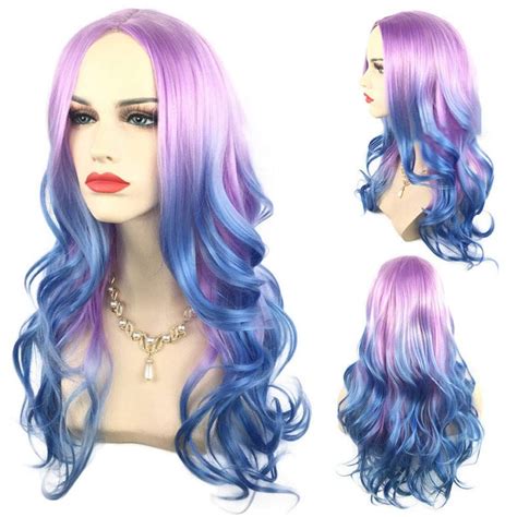 Synthetic Long Curl Wave Wigs Two Tones Purple Rooted Bluemiddle Part